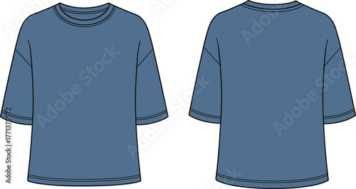 Oversized drop shoulder t-shirt vector flat sketch, men fashion technical drawing, crew neck tee front back view clothing template