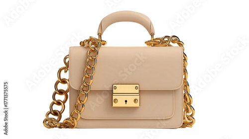 A beige handbag with a gold chain and a gold clasp isolated on a white background in a studio shot