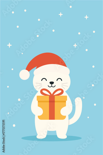 Cute Snow Cat Holding Christmas Gift Box in Modern Flat Design