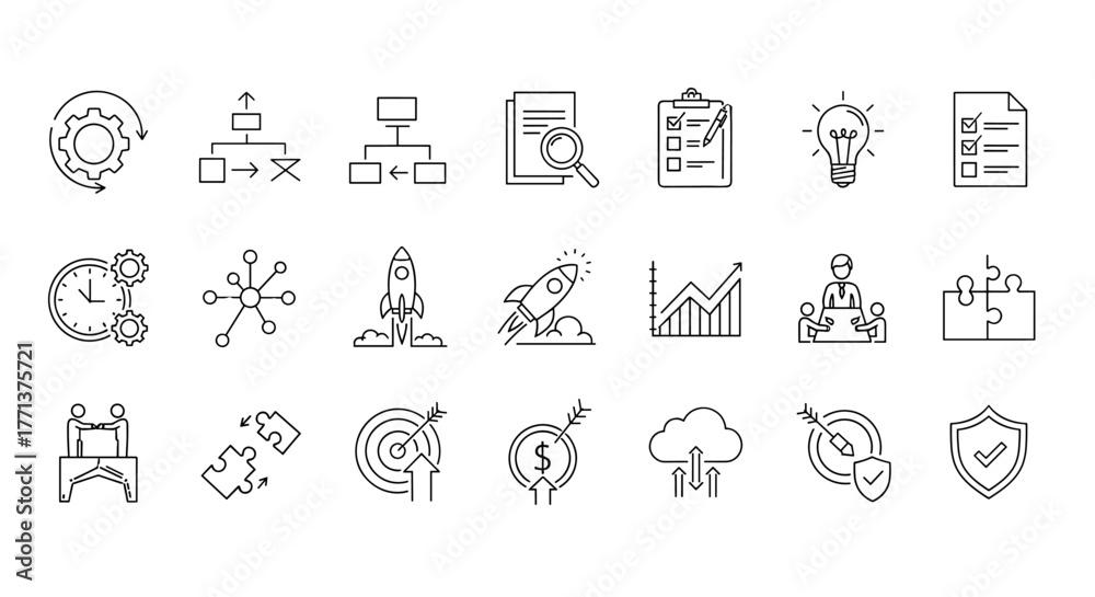 Fototapeta premium Business process icon set featuring workflow, productivity, and strategy symbols. This collection includes icons for gears, flowcharts, documents, checklists, lightbulbs, time management, networks
