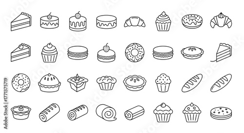 Collection of line art icons representing various cakes, pastries, donuts, pies, croissants, and bread, perfect for bakery branding, food blogs, recipe books, and culinary infographics, presented on