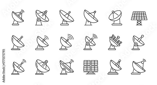 Bundle of minimalistic, editable stroke, linear pictogram line icons representing a satellite dish, perfect for graphic design of cards, apps, banners, and social media posts, presented in a clean
