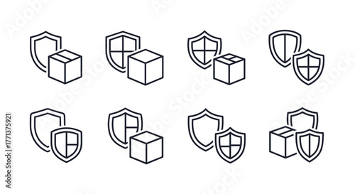Set of eight line art icons representing secure package delivery and protection, featuring boxes and shields in various combinations, perfect for logistics, shipping, and e-commerce graphic design on