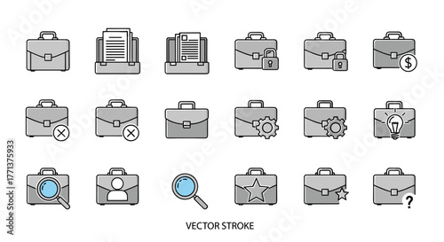 A comprehensive set of briefcase-related icons, featuring editable strokes and a clean, modern design, perfect for web, print, and app applications, presented as a vector cartoon illustration on a