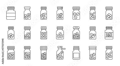 Collection of thin line icons representing various bottles of pills and capsules, perfect for web, books, cards, and apps, presented as editable stroke vector cartoon illustrations on a white