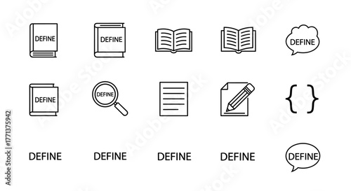 A clean and modern line icon set representing business and data management concepts, including icons for defining, ordering, and searching information, presented on a crisp white background for