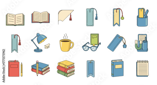 Collection of vivid, flat design vector cartoon illustrations related to reading and studying, featuring bookmarks, open and closed books, a desk lamp, a steaming cup of coffee, eyeglasses