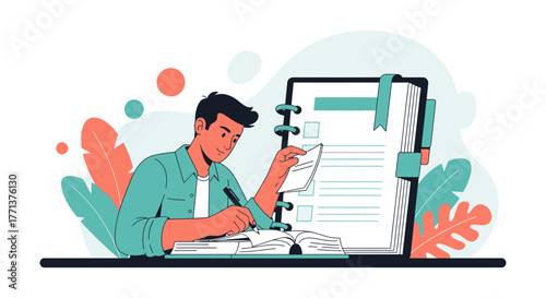 Illustration Of A Man Taking Notes, Planning, And Preparing for Success
