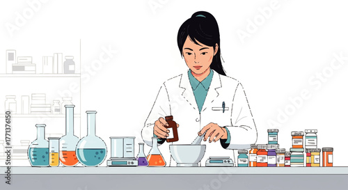 Female scientist in a white lab coat working with mortar and pestle among various laboratory equipment and containers on a counter in a laboratory setting.