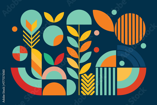 A single, complex vector design featuring geometric shapes and a rich color spectrum including CMYK, grayscale, and primary colors.