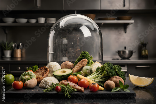 Wallpaper Mural Fresh, vibrant assortment of healthy vegetables and bread under a protective dome in a modern kitchen. Torontodigital.ca