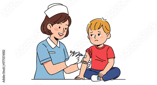 A nurse administering a bandage to a child's arm after an injection in a clinical setting with a concerned expression.
