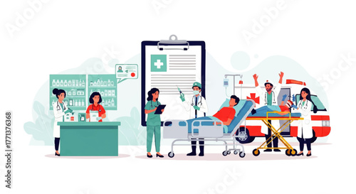 Illustration of medical staff attending to a patient on a stretcher with an ambulance and hospital reception desk in the background.