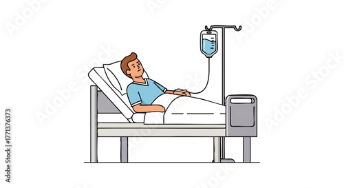 A man lies in a hospital bed with an IV drip beside him on a clean white background with a calm mood.