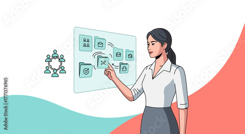 Woman Interacting With a Touchscreen Interface Illustrating Data Flow and Teamwork