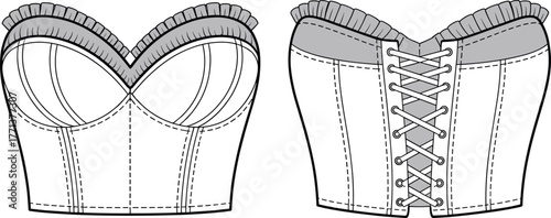 Sweetheart corset top mockup, lace up bustier crop top template, ruffle trim lingerie fashion flat sketch front back vector