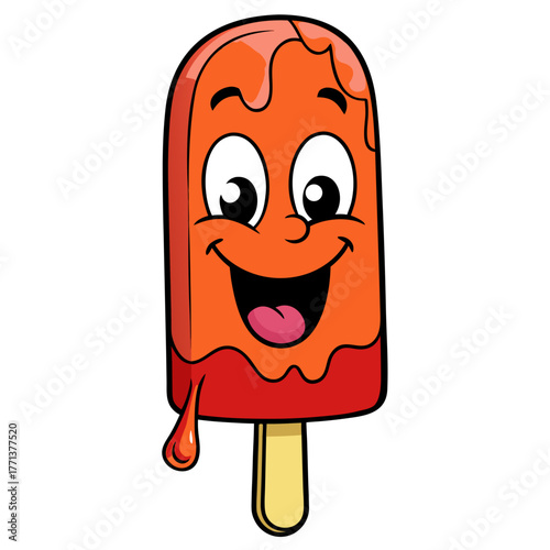 Happy orange popsicle character with melting drips isolated on white background