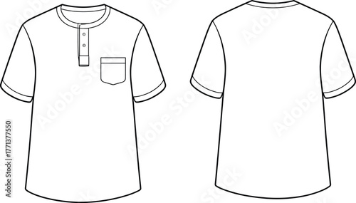 Men short sleeve henley t shirt vector template with pocket, front and back view, fashion flat sketch, apparel design
