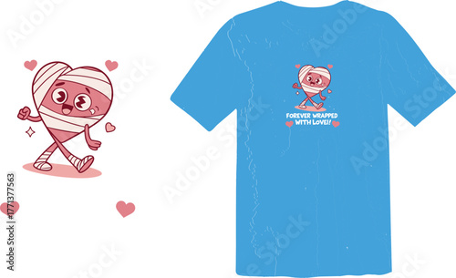 "Forever Wrapped with Love" Cute Bandaged Heart Mascot Graphic for Romantic and Valentine's Day Apparel
