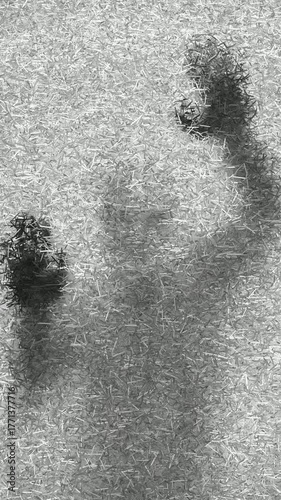 Terrible Scene with Blurred Silhouette of Person with Hands Pressed Against Frosted Glass Surface Surrounded by Light Particles, Animation Made of Sharp Fragments