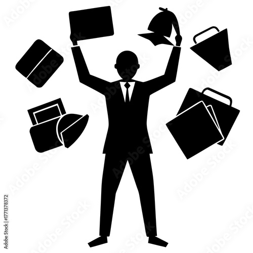 Businessman juggling multiple tasks and items with arms raised