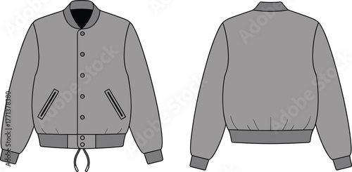 Varsity bomber jacket fashion flat template, drawstring hem outerwear technical sketch, front and back apparel vector design mockup