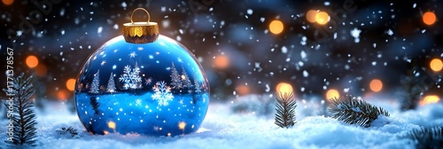 Beautiful blue Christmas ornament stands out in the snow with softly falling snowflakes and warm lights in the background during winter
