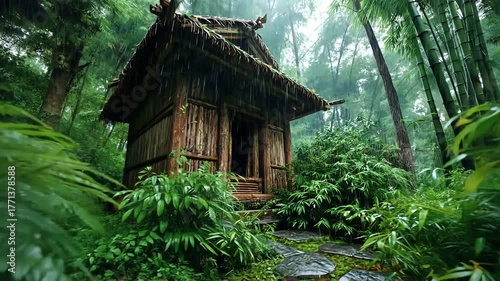 Serene wooden hut nestled amidst lush green rainforest foliage creating a peaceful natural retreat