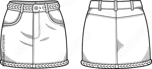 Women denim mini skirt fashion flat, braided waistband and hem technical CAD drawing front back, apparel design vector template