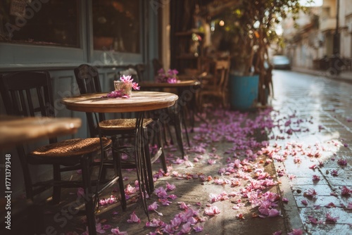 Fototapeta Naklejka Na Ścianę i Meble -  small street café with pink flower petals on pavement, soft afternoon mood 