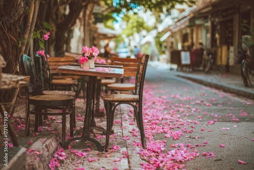 Fototapeta Naklejka Na Ścianę i Meble -  small street café with pink flower petals on pavement, soft afternoon mood 