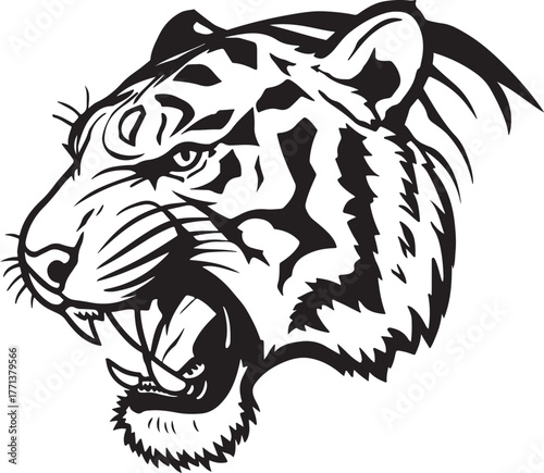 Fierce black and white illustration of a roaring tiger head with bared teeth and sharp claws on white background