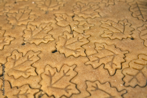 Shortcrust pastry being cut into autumn leaf shapes on a floured dark surface, surrounded by colorful fall leaves — cozy seasonal cookie preparation and festive baking process.