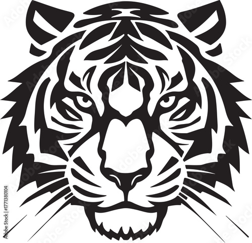 Stylized black and white tiger face with intense eyes and prominent stripes on a white background