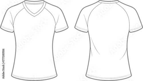 Women v neck t shirt mockup front and back flat sketch, female fitted tshirt vector template, fashion cad technical drawing apparel design illustration