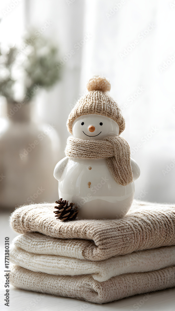 Obraz premium Cozy winter still life with a cute ceramic snowman and knitted textiles