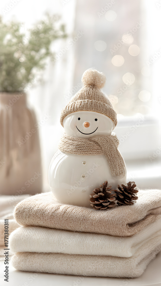 Obraz premium Cozy winter still life with a cute ceramic snowman and knitted textiles
