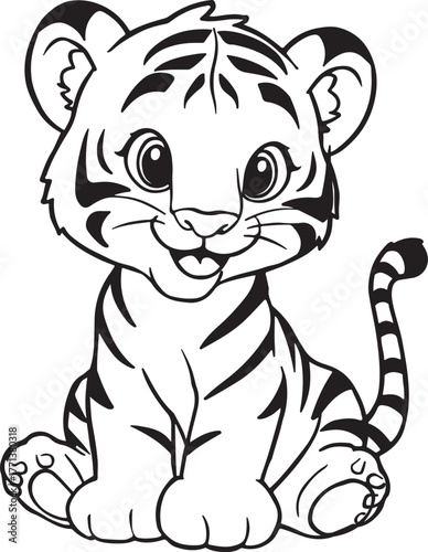 Whimsical black and white drawing of a happy baby tiger sitting with a striped tail