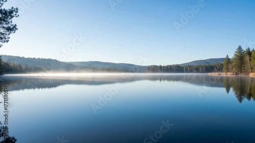 Tranquil Morning Mist Reflecting on a Calm Lake with Forested Shores