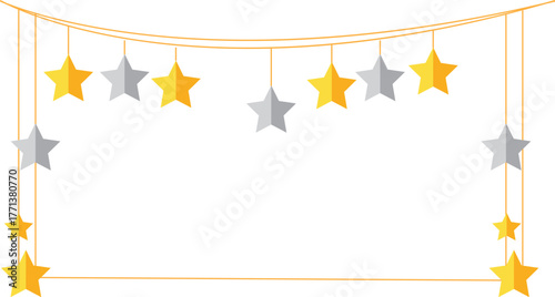 Golden and Silver Hanging Stars Frame on Transparent Background