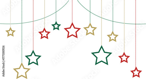 Hanging Red Green and Gold Stars Decoration on Transparent Background