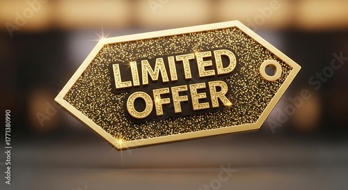 A glittering golden tag with the words 'LIMITED OFFER' embossed in textured letters symbolizes an exclusive promotion.