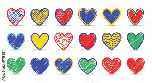 Expressive collection of unique, colorful scribble hearts, showcasing various patterns and textures, perfect for heartfelt design concepts