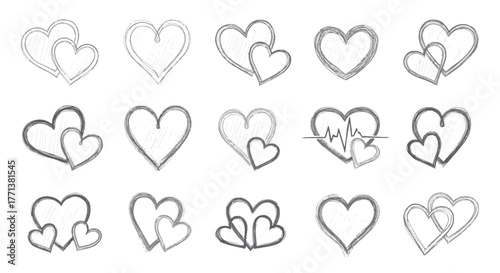 A charming collection of hand-drawn heart doodles, perfect for expressing love, affection, and romantic connections in a simple, graphic style for design projects