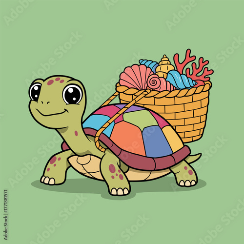 A cute cartoon turtle character with a green shell is smiling
