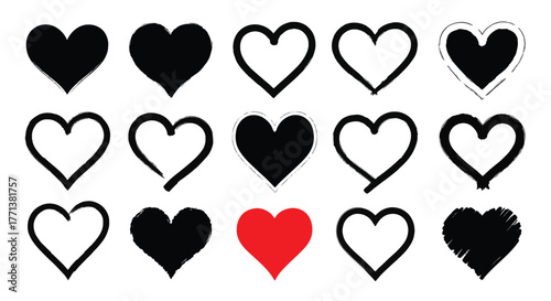 Diverse collection of artistic heart shapes in black, white, and red, illustrating various expressions of love and passion