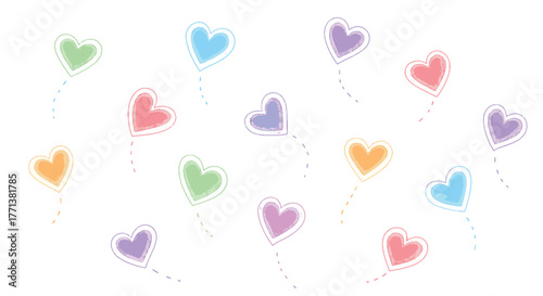 Whimsical collection of soft pastel hearts with playful dotted trails, symbolizing affection and gentle joy, perfect for sweet designs