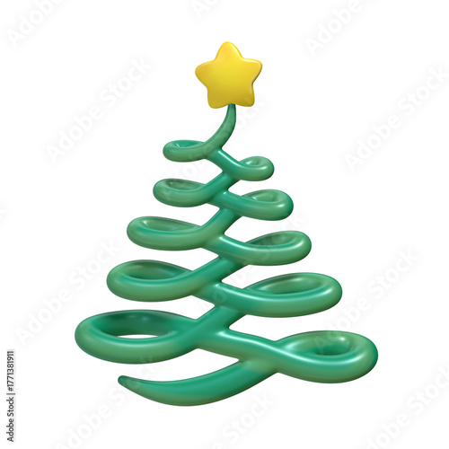 A 3D stylized swirling green Christmas tree with a thin, looping body topped with a yellow star.