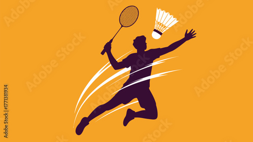 Silhouette of badminton player jumping with racket and shuttlecock on a yellow orange background design