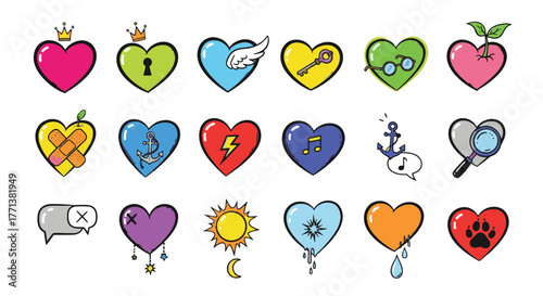 A vibrant collection of diverse heart icons symbolizing love, emotions, and life's varied experiences, perfect for creative design